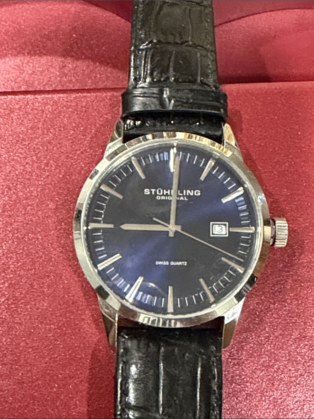 Stuhrling Original Blue Dial Silver Case Black Leather Strap Men's Watch